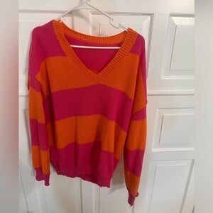 Pink and orange V neck striped sweater
